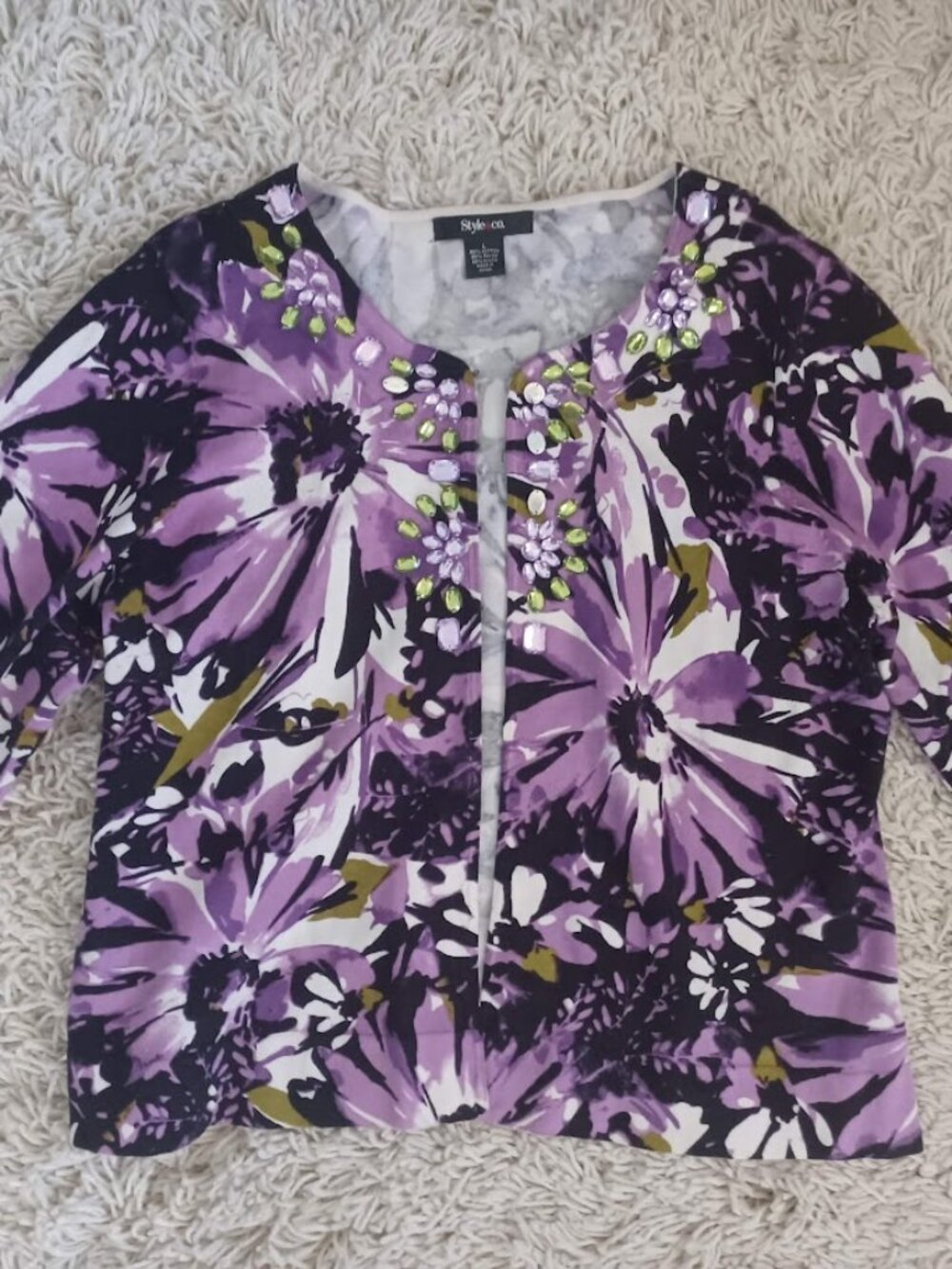 Style & Co Cardigan Womens M/L Purple Floral Embellished Rhinestone Sweater
